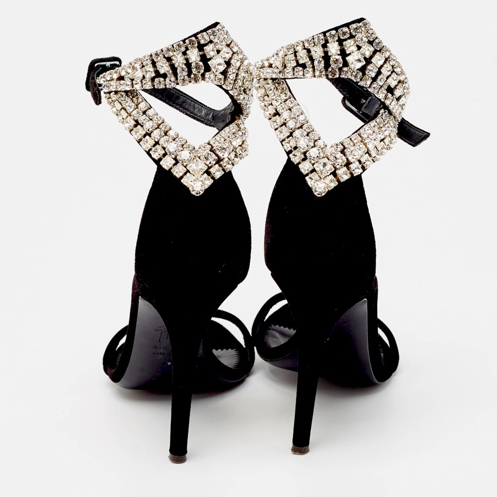 Giuseppe Zanotti Black Velvet Crystal Embellished Ankle Strap Sandals Size 36